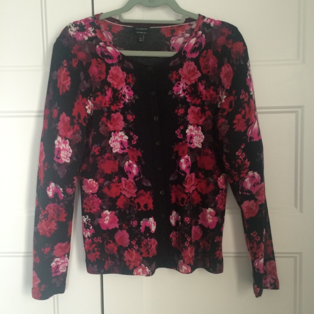 TALBOTS  Merino Wool Red & Pink Floral Cardigan